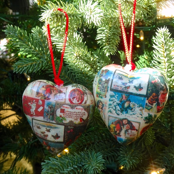 Decoupaged Puffy Heart Vintage Christmas Valentine's Image Collage Ornaments - 2 - Picture 2 of 7